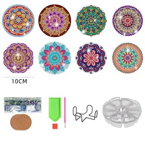 8Pcs DIY Mandala Diamond Painting Coasters Kits with Holder, Cork Mat and Diamond Storage Box, Suitable for Adults, Beginners and Kids Are Also Friendly, Great Home and Dining Room Decor