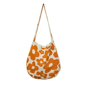 women aesthetics crossbody bag crochet fairycore flower bag y2k trendy shopping bag knitted tote shoulder bag (orange)