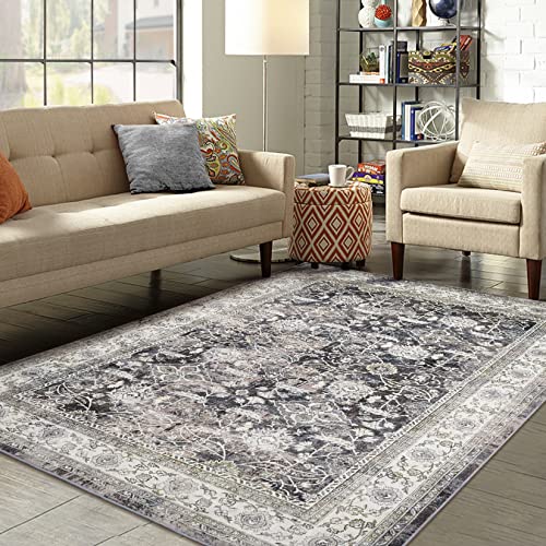 RUGSREAL Vintage Area Rug 5' x 7' Machine Washable Traditional Distressed Area Rugs Indoor Floor Cover Carpet Rug Velvet Mat Foldable Persian Accent Rug for Floor Decoration, Grey