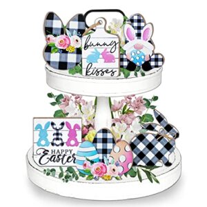 easter decorations, 6pcs easter tiered tray decor, easter decor happy easter eggs bunny gnome buffalo plaid wood signs rustic spring farmhouse easter decorations for the home party kitchen table decor