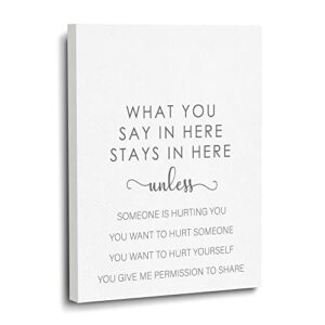 framed canvas wall art, what you say in here stays in here, mental health positive quote, decoration for social worker therapist counseling office – 12×15 inches (a20)