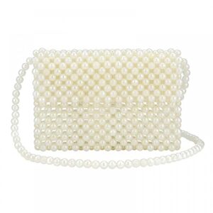 women shoulder bag girls pearl purse tote bag handmade weave beaded crossbody bag for daily evening party (beige)