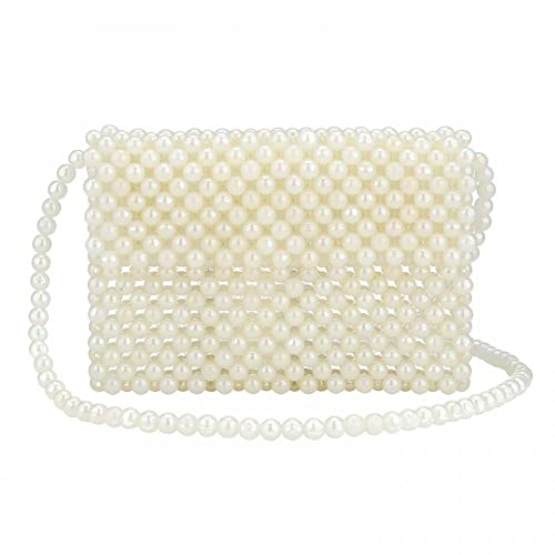 Women Shoulder Bag Girls Pearl Purse Tote bag Handmade Weave Beaded Crossbody Bag for Daily Evening Party (Beige)