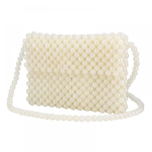 Women Shoulder Bag Girls Pearl Purse Tote bag Handmade Weave Beaded Crossbody Bag for Daily Evening Party (Beige)