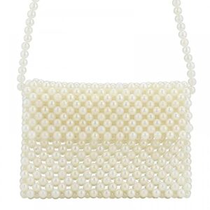 Women Shoulder Bag Girls Pearl Purse Tote bag Handmade Weave Beaded Crossbody Bag for Daily Evening Party (Beige)