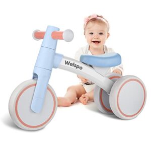 welspo baby balance bikes for 1 year old boys girls 12-36 months kids cute toddler first bicycle infant walker children no pedal 3 wheels mini bike riding toys best birthday gift (blue)