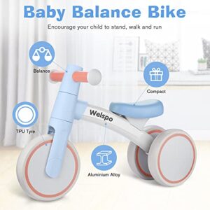 welspo Baby Balance Bikes for 1 Year Old Boys Girls 12-36 Months Kids Cute Toddler First Bicycle Infant Walker Children No Pedal 3 Wheels Mini Bike Riding Toys Best Birthday Gift (Blue)