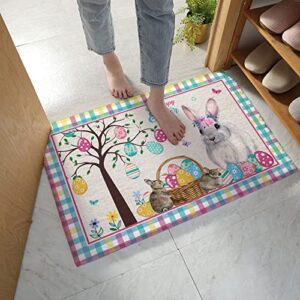 easter flower bath mat, soft absorbent microfiber plush bathroom rugs mat non slip doormat floor mat carpet spring floral rabbit eggs tree colorful plaid 16×24