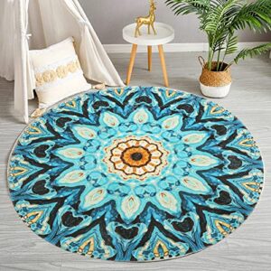 GEVES Trippy Mandala Round Area Rug Turquoise Floral Rugs for Bedroom Kids' Room Living Room Bathroom 3ft Carpet Accent Throw Rugs Indoor Use Non-Slip Easy to Clean