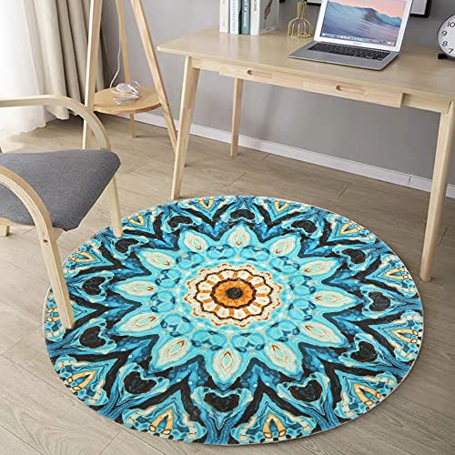 GEVES Trippy Mandala Round Area Rug Turquoise Floral Rugs for Bedroom Kids' Room Living Room Bathroom 3ft Carpet Accent Throw Rugs Indoor Use Non-Slip Easy to Clean