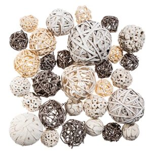 Natural Decorative Balls Assortment - Orbs for Centerpiece, Basket, Bowl, and Vase Filler - Mix of Natural, Wicker, and Grapevine Ball Decorations, Whitewashed