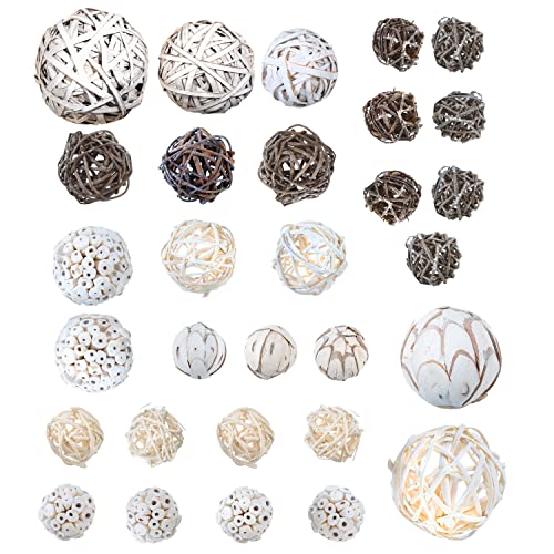 Natural Decorative Balls Assortment - Orbs for Centerpiece, Basket, Bowl, and Vase Filler - Mix of Natural, Wicker, and Grapevine Ball Decorations, Whitewashed