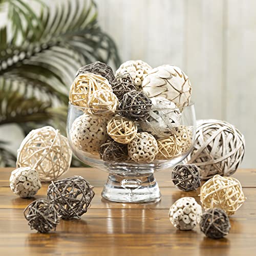 Natural Decorative Balls Assortment - Orbs for Centerpiece, Basket, Bowl, and Vase Filler - Mix of Natural, Wicker, and Grapevine Ball Decorations, Whitewashed