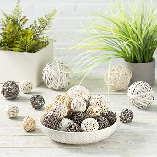 Natural Decorative Balls Assortment - Orbs for Centerpiece, Basket, Bowl, and Vase Filler - Mix of Natural, Wicker, and Grapevine Ball Decorations, Whitewashed