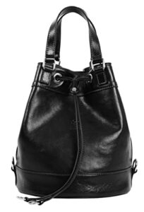 time resistance leather bucket bag full grain real leather tote bag for women (black)