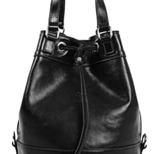 Time Resistance Leather Bucket Bag Full Grain Real Leather Tote Bag for Women (Black)