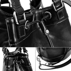 Time Resistance Leather Bucket Bag Full Grain Real Leather Tote Bag for Women (Black)