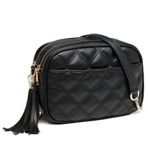 small quilted crossbody bags for women, double top zipper shoulder bag lightweight purses handbags with tassel