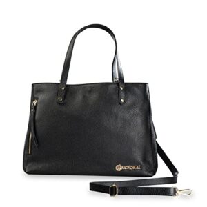 baroncelli large leather tote bag genuine italian pebbled leather designed and made in italy (black)