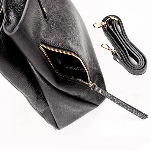 Baroncelli Large Leather Tote Bag Genuine Italian Pebbled Leather Designed and Made in Italy (Black)