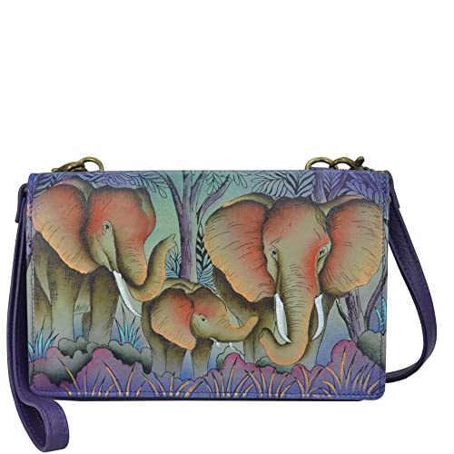 Anna by Anuschka Women's Hand-Painted Genuine Leather 4-In-1 Organizer Crossbody/Belt Bag/Clutch/Writlest - Elephant Family