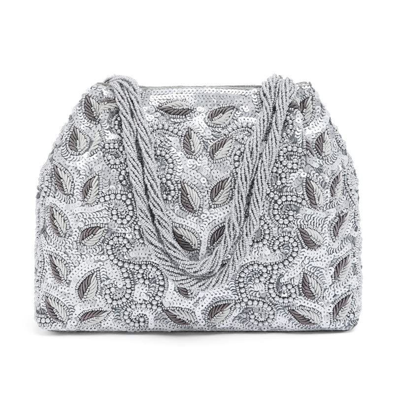 Aheli Silver Potli Bags for Women Evening Bag Clutch Ethnic Bride Purse with Drawstring(P17S)