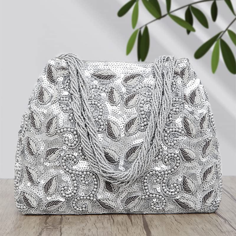 Aheli Silver Potli Bags for Women Evening Bag Clutch Ethnic Bride Purse with Drawstring(P17S)