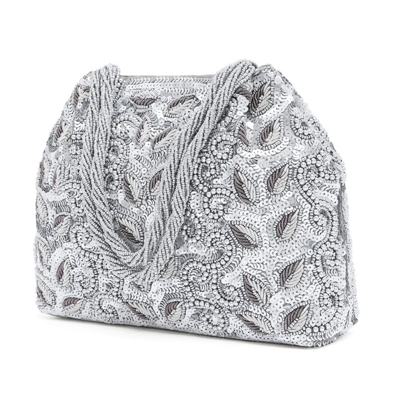 Aheli Silver Potli Bags for Women Evening Bag Clutch Ethnic Bride Purse with Drawstring(P17S)