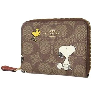 coach x peanuts small zip around wallet in signature canvas with snoopy woodstock print style no. ce704 khaki