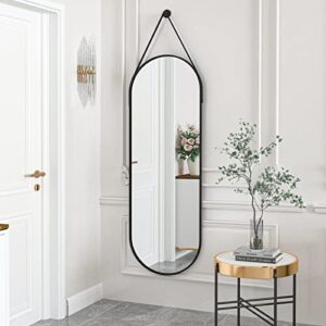 harritpure 16″x48″ oval hanging mirror with leather strap full length mirror aluminum frame wall-mounted hanging mirrors for bathroom vanity living room bedroom entryway decor