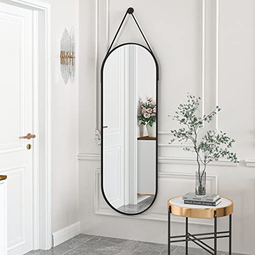 HARRITPURE 16"x48" Oval Hanging Mirror with Leather Strap Full Length Mirror Aluminum Frame Wall-Mounted Hanging Mirrors for Bathroom Vanity Living Room Bedroom Entryway Decor