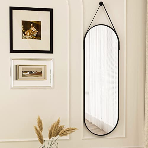 HARRITPURE 16"x48" Oval Hanging Mirror with Leather Strap Full Length Mirror Aluminum Frame Wall-Mounted Hanging Mirrors for Bathroom Vanity Living Room Bedroom Entryway Decor