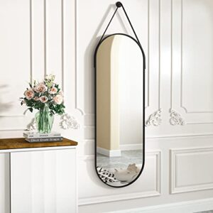 HARRITPURE 16"x48" Oval Hanging Mirror with Leather Strap Full Length Mirror Aluminum Frame Wall-Mounted Hanging Mirrors for Bathroom Vanity Living Room Bedroom Entryway Decor