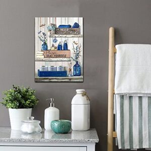 fengyuyi Bathroom Wall Art Canvas Prints Navy Blue Bathroom Sign Picture Stretched and Framed Ready to Hang for Bathroom Decor 12x16inch