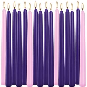 advent taper candles 16 piece purple pink christmas season 10-inch wax taper candle, pack of 16