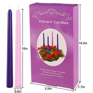 Advent Taper Candles 16 Piece Purple Pink Christmas Season 10-inch Wax Taper Candle, Pack of 16