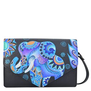 anna by anuschka hand painted women’s genuine leather 3 in 1 convertible crossbody / clutch / belt bag – blue elephant