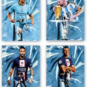 Football Superstar Poster,Lionel Messi,Neymar,Mbappe,Haaland Man City Art Print Poster,Sports Celebrity Poster,for Living Room Bedroom Room Decor,Sports Landscape Office Room Decor Gift-Set of 4 (8"x10" Unframed)
