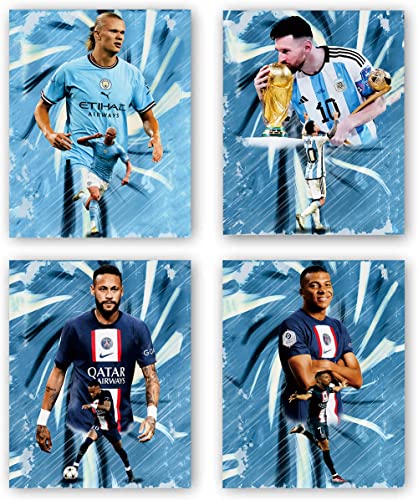 Football Superstar Poster,Lionel Messi,Neymar,Mbappe,Haaland Man City Art Print Poster,Sports Celebrity Poster,for Living Room Bedroom Room Decor,Sports Landscape Office Room Decor Gift-Set of 4 (8"x10" Unframed)