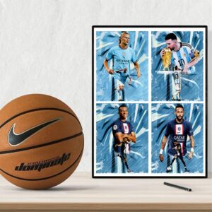 Football Superstar Poster,Lionel Messi,Neymar,Mbappe,Haaland Man City Art Print Poster,Sports Celebrity Poster,for Living Room Bedroom Room Decor,Sports Landscape Office Room Decor Gift-Set of 4 (8"x10" Unframed)