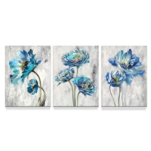artopia 3 piece blue flower canvas: teal grey floral wall decor botanical picture blossom plants decoration 16″x12″ for bathroom bedroom