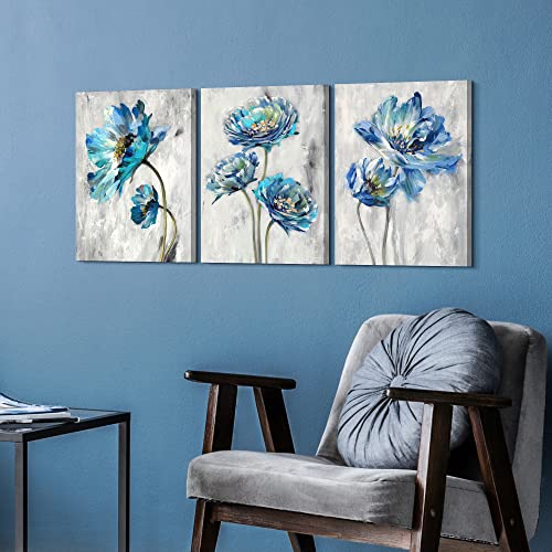 artopia 3 Piece Blue Flower Canvas: Teal Grey Floral Wall Decor Botanical Picture Blossom Plants Decoration 16"x12" For Bathroom Bedroom