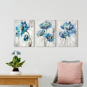 artopia 3 Piece Blue Flower Canvas: Teal Grey Floral Wall Decor Botanical Picture Blossom Plants Decoration 16"x12" For Bathroom Bedroom