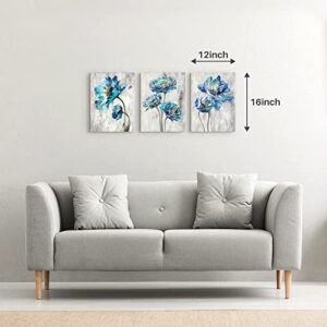 artopia 3 Piece Blue Flower Canvas: Teal Grey Floral Wall Decor Botanical Picture Blossom Plants Decoration 16"x12" For Bathroom Bedroom