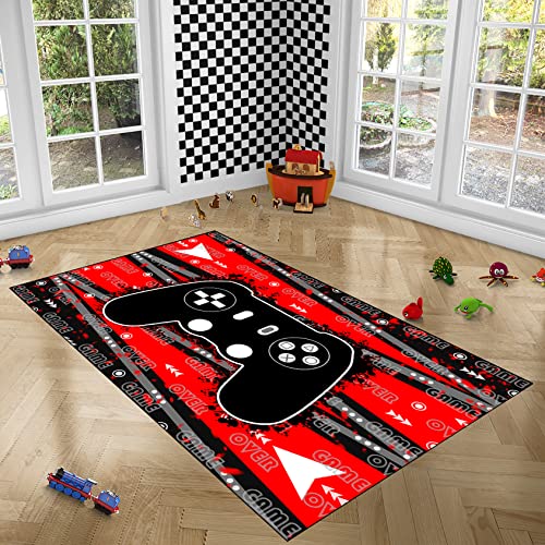 Jiospet Gamer Area Rug Gaming Rugs for Gaming Room Game Rugs for Boys Bedroom Living Room Playroom Floor Mats for Indoor Outdoor, Red Black, 4'×5'