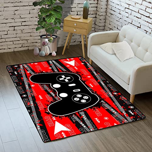 Jiospet Gamer Area Rug Gaming Rugs for Gaming Room Game Rugs for Boys Bedroom Living Room Playroom Floor Mats for Indoor Outdoor, Red Black, 4'×5'