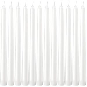12 pack white taper candles – 10 inch white dripless, unscented dinner candle – paraffin wax with cotton wicks – 7.5-8 hour burn time