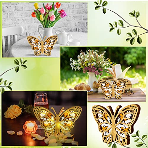 Wooden Led Butterfly Sign 3D Rustic Crafts Glowing Butterfly Decor Wood Butterfly Centerpiece Farmhouse Wooden Tabletop Ornament Spring Freestanding Wood Sign for Home Shelf Kitchen Party