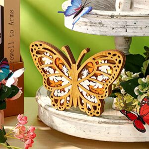 Wooden Led Butterfly Sign 3D Rustic Crafts Glowing Butterfly Decor Wood Butterfly Centerpiece Farmhouse Wooden Tabletop Ornament Spring Freestanding Wood Sign for Home Shelf Kitchen Party