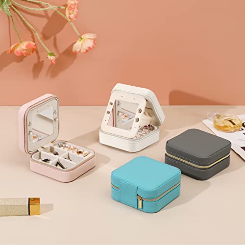 Emibele Travel Jewelry Box with Mirror, PU Leather Small Travel Jewelry Case, Travel Jewelry Organizer for Women Girls, Small Jewelry Travel Case for Rings, Earrings, Necklaces, Bracelet, White